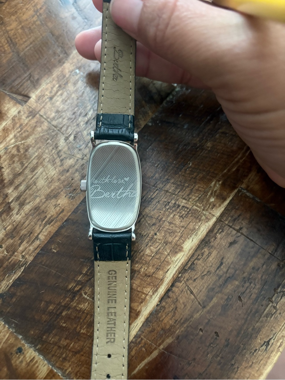 Vintage Bertha Black Leather Strap Watch Art Deco Tonneau Face Silver Tone - Picture 4 of 4